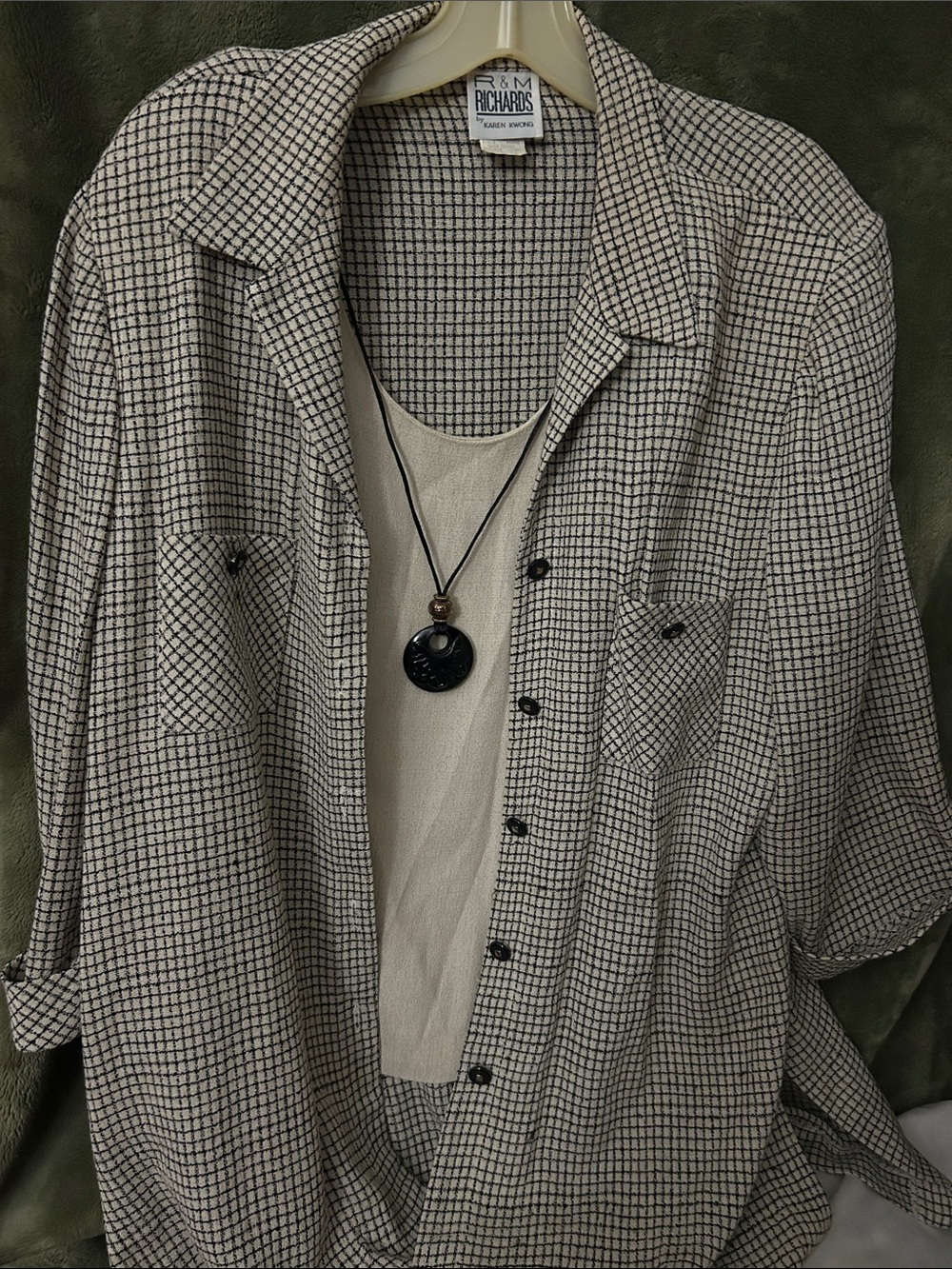 R&M Richards- Karen Kwong- Cream and Black Checked Button-Down Shirt Y2K vintage